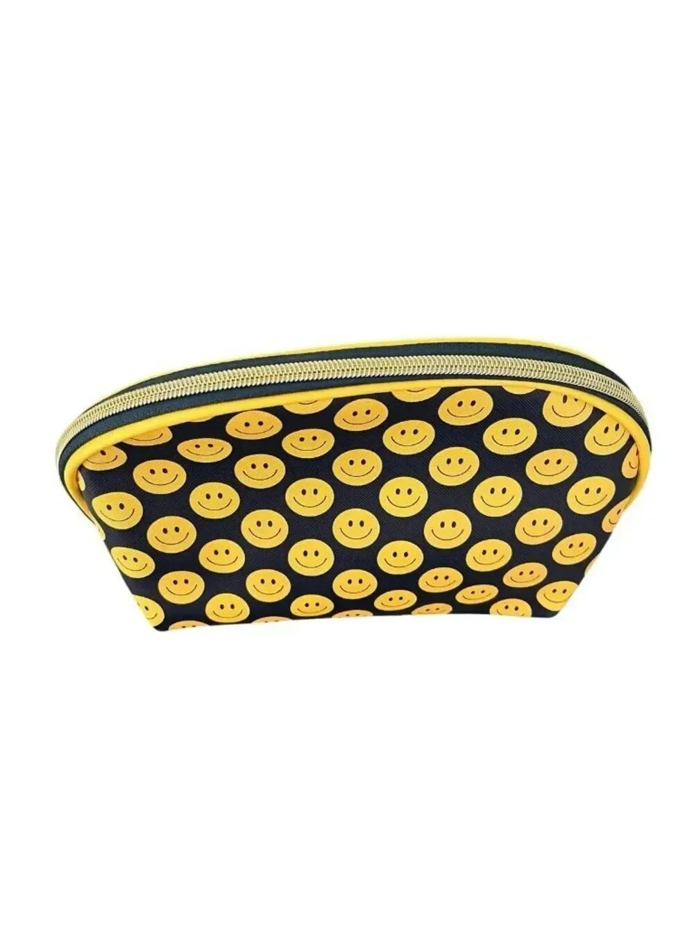 Smiley Face Cosmetic Makeup Travel Bag Zips Black Yellow Happy Face Smile NWT